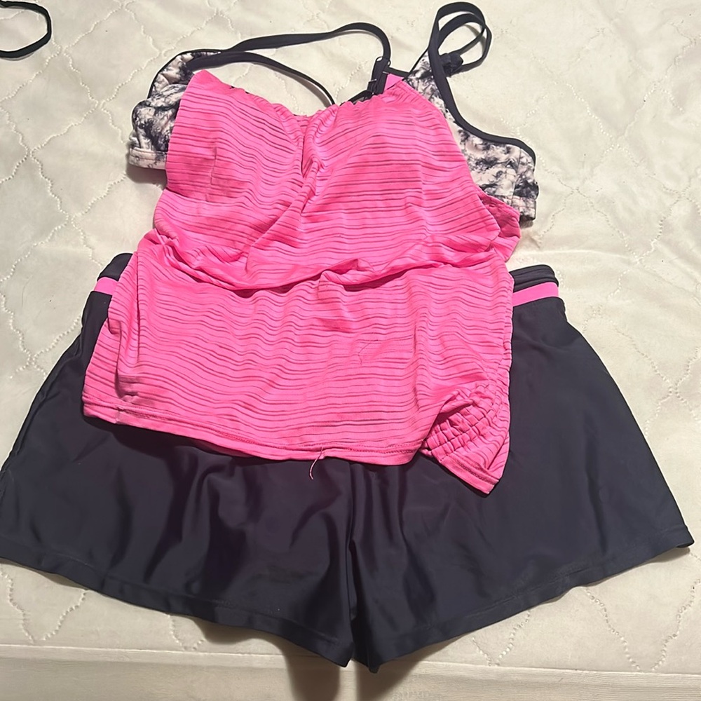 Black and white camo swimsuit with pink tank top